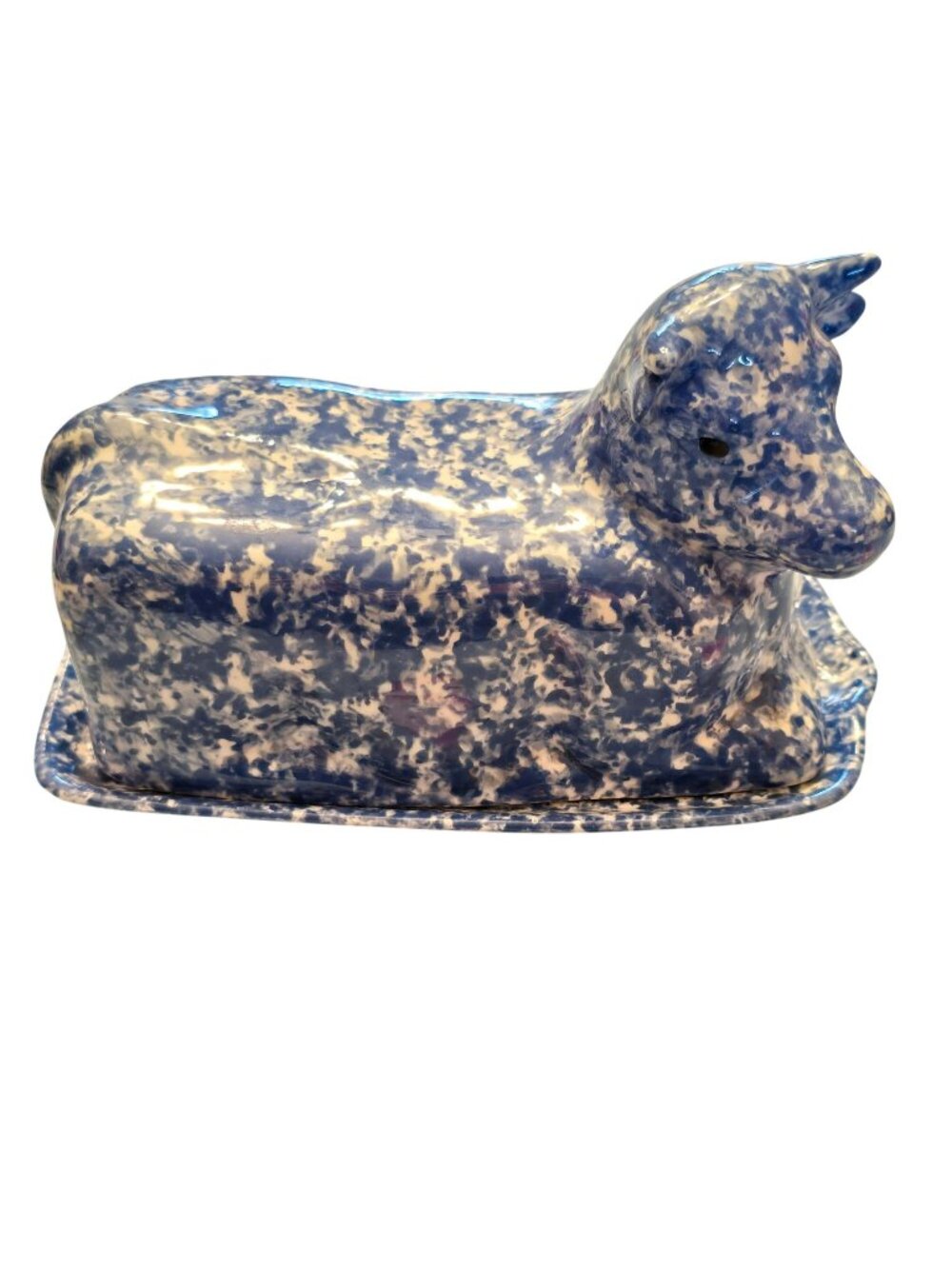 Cow Butter Dish Blue & White Speckled Ceramic Vintage Farmhouse JH8025